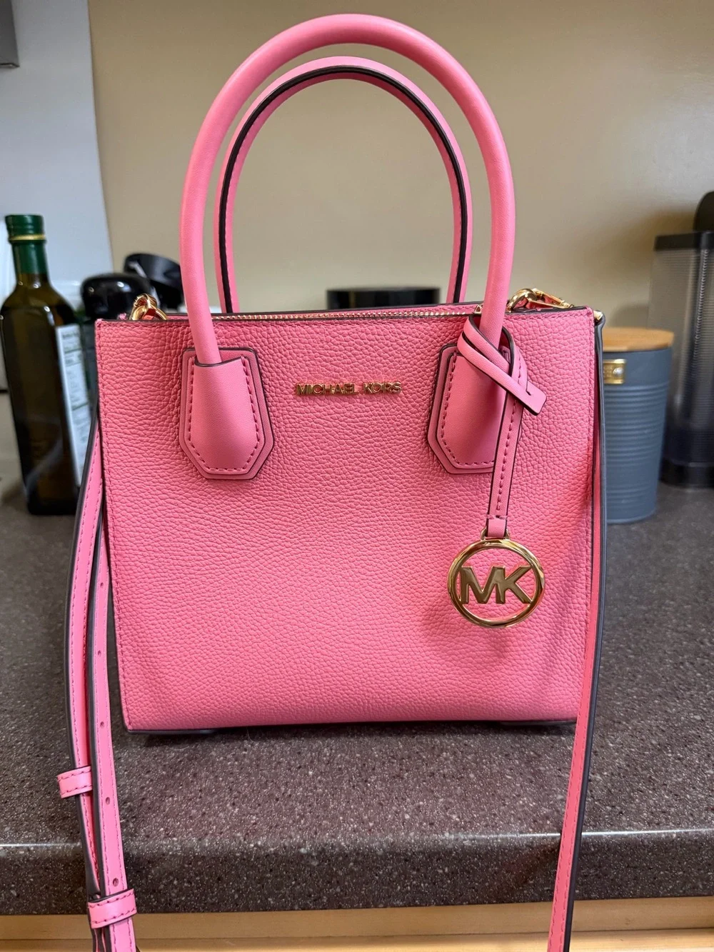 Michael Kors Mercer Medium Pink Pebbled Leather Crossbody Satchel 35S1GM9M2L